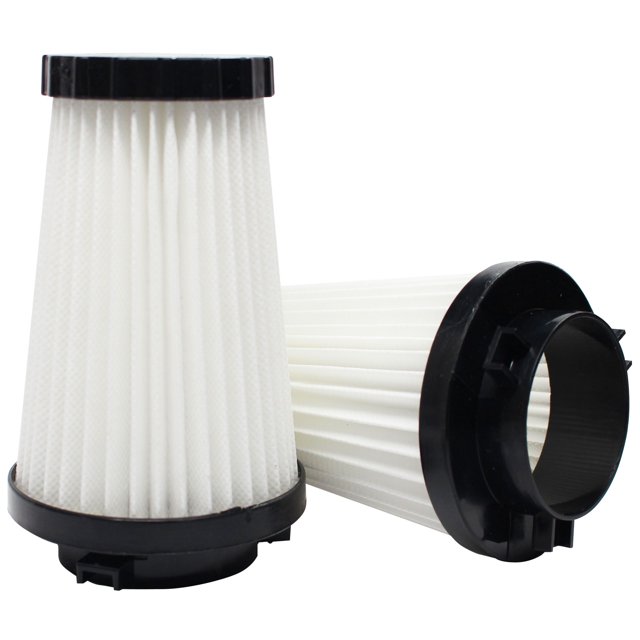 2-Pack Replacement Dirt Devil Dynamite Plus Bagless Upright M084650 Vacuum HEPA Filter, compatible with Dirt Devil 3SFA11500X and F2 HEPA filters. Pleated white filter material with black plastic end caps ensures efficient dust and allergen capture. Ideal for vacuum filter replacement needs.