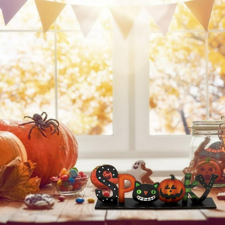 Happy Halloween Wooden Centerpiece Signs Halloween Table Decorations with  Skull Pumpkin Decor Halloween Decorations for Home Classroom Kitchen