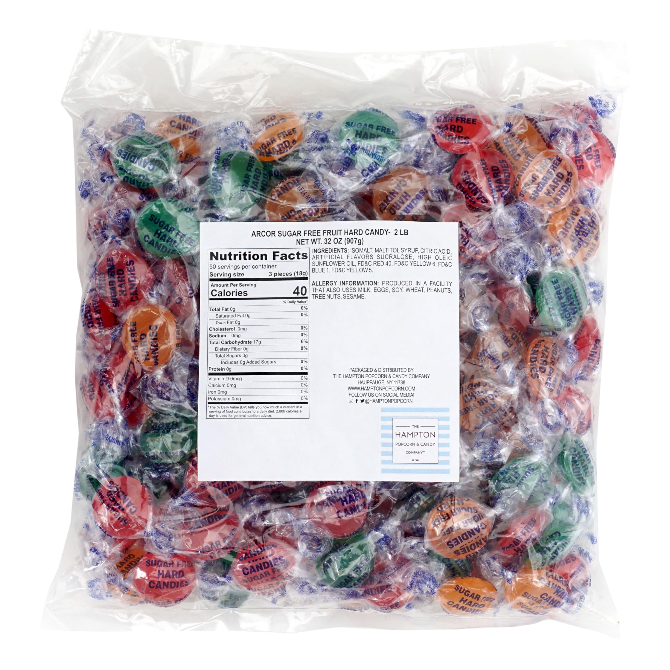 Arcor Sugar Free Fruit Hard Candy, 2 Pound Bulk Bag Approx 140 Pieces, Individually Wrapped Hard Candy, The Hampton Popcorn & Candy Company