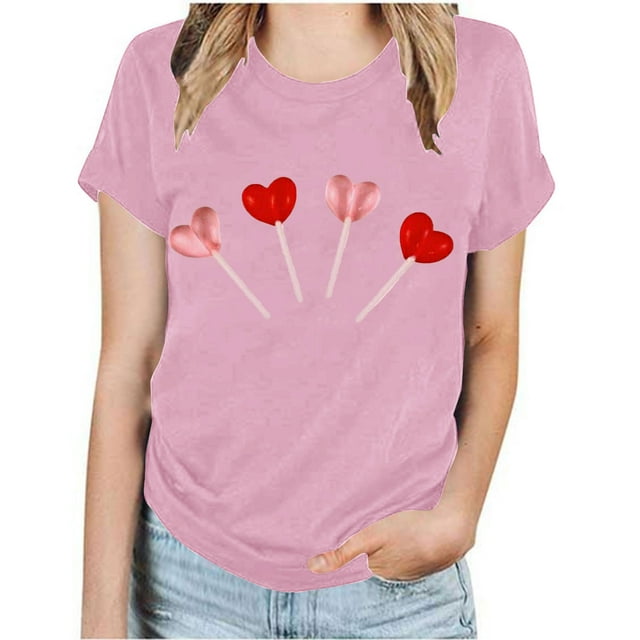 LSLJS T-shirt à Manches Courtes Imprimé Valentines Day Col Rond Mode Femme Chemise Décontractée Ample