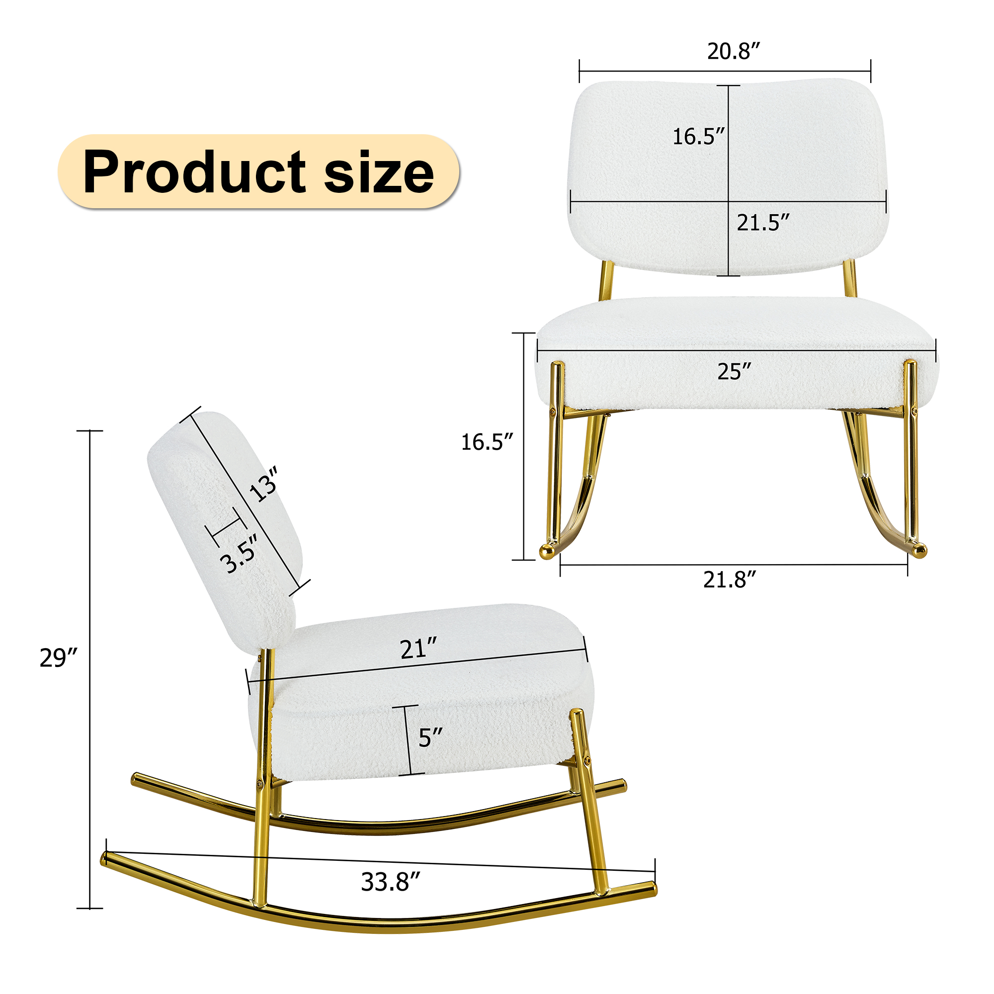 Aukfa Deep Seating Rocking Chair with Teddy Padded Seat, Golden Metal Legs for Living Room, White