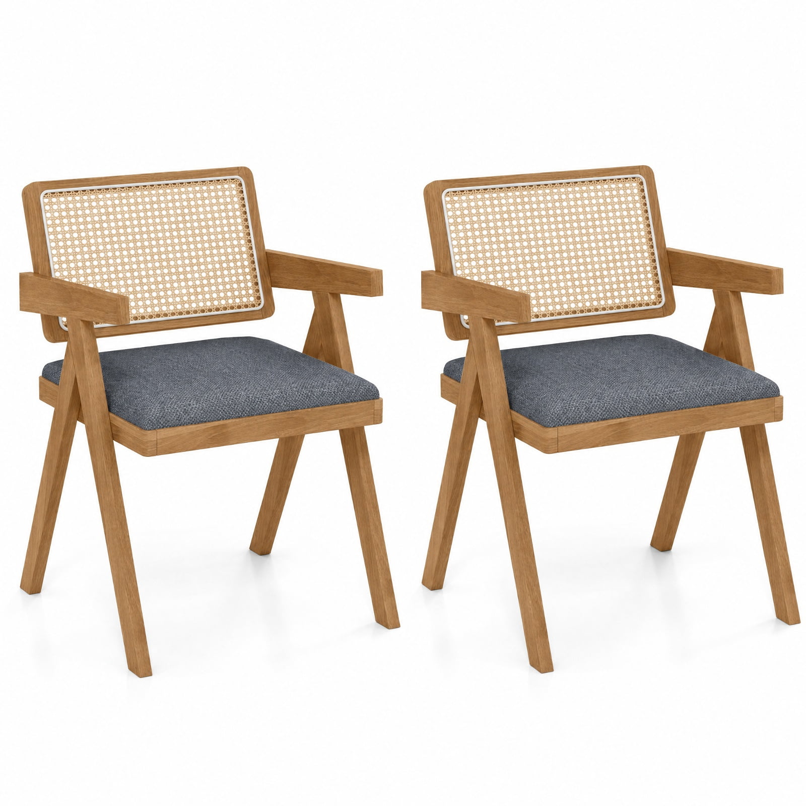 Furnibear Set of 2 Rattan Accent Chairs with Padded Cushion and Rubber Wood Frame for Dining Room Kitchen and Living Room, Gray