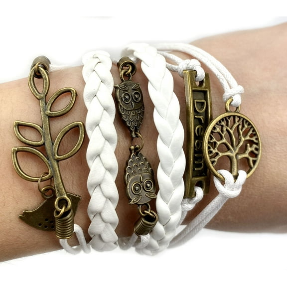 Fashion Vintage Bronze Dream Tree Leaf Owls Charms White Braided Leather Rope Bracelet