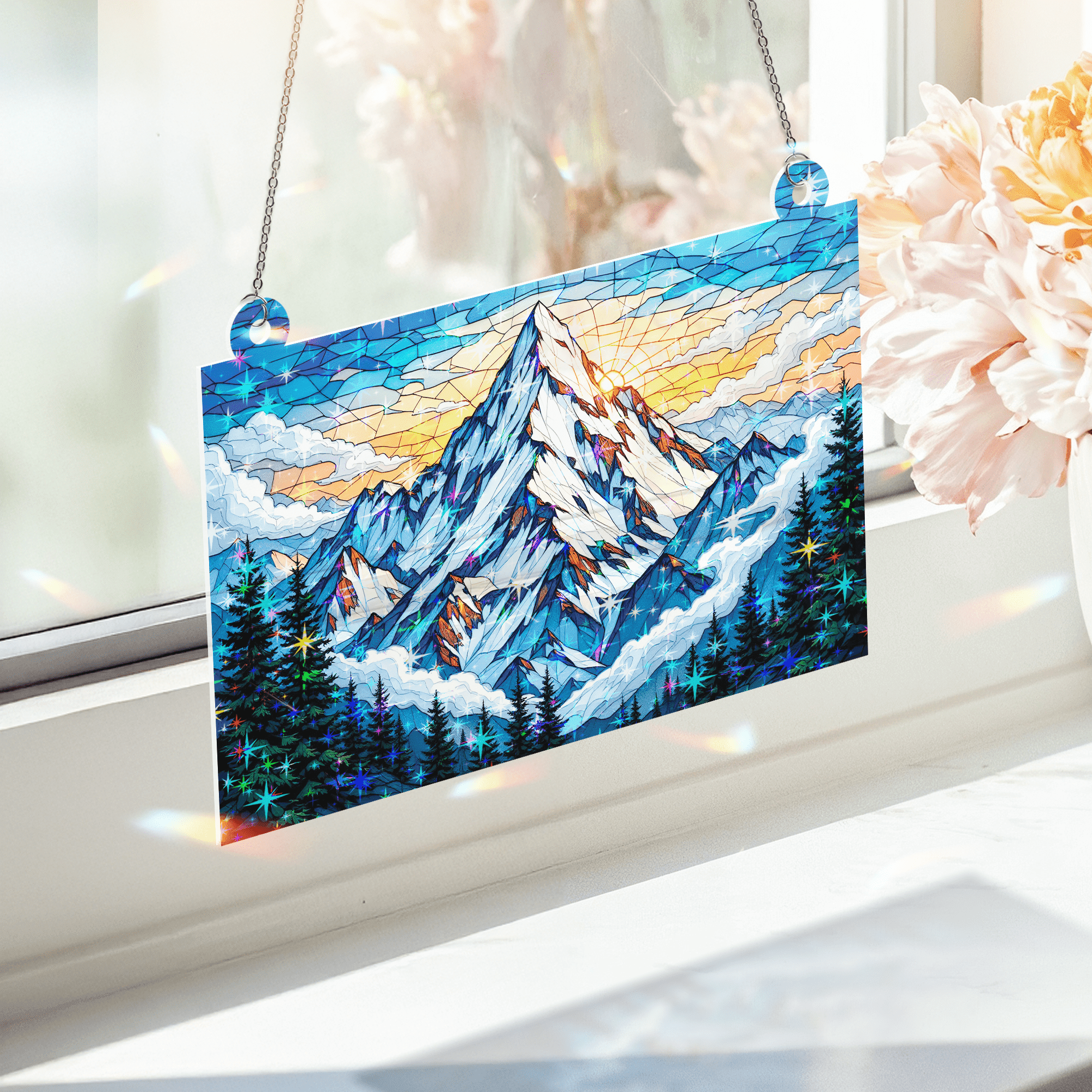 89Bloom Majestic Snowy Mountain Stained Glass Hologram Ornament, Stained Glass Suncatcher Ornaments Home Decor, Holographic Ornaments