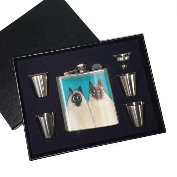 KuzmarK 6 oz. Stainless Steel Flask Set in Black Presentation Box -  Silly Himalayan Kitties Abstract Cat Art by Denise Every