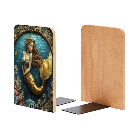 Bookends 1 Pair Non-Skid Bookend Wood Bookends for Shelves Book Stand for CDs - Beautiful Mermaid Swimming in The Sea