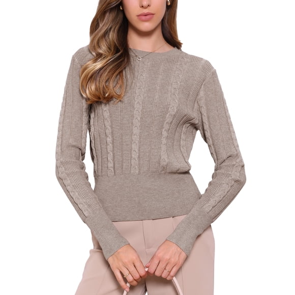 Suéter de punto de cable INSPIRE CHIC para mujer, cuello redondo, de manga larga, suéteres cortos de punto, color beige