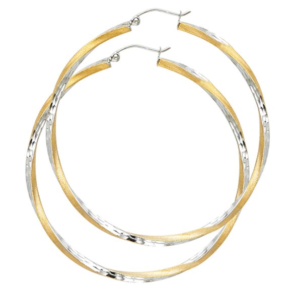 55 mm Dia 14K Two-tone Gold Twist Hoop Earring Diamond Cut 2.5 mm tube secured click-top