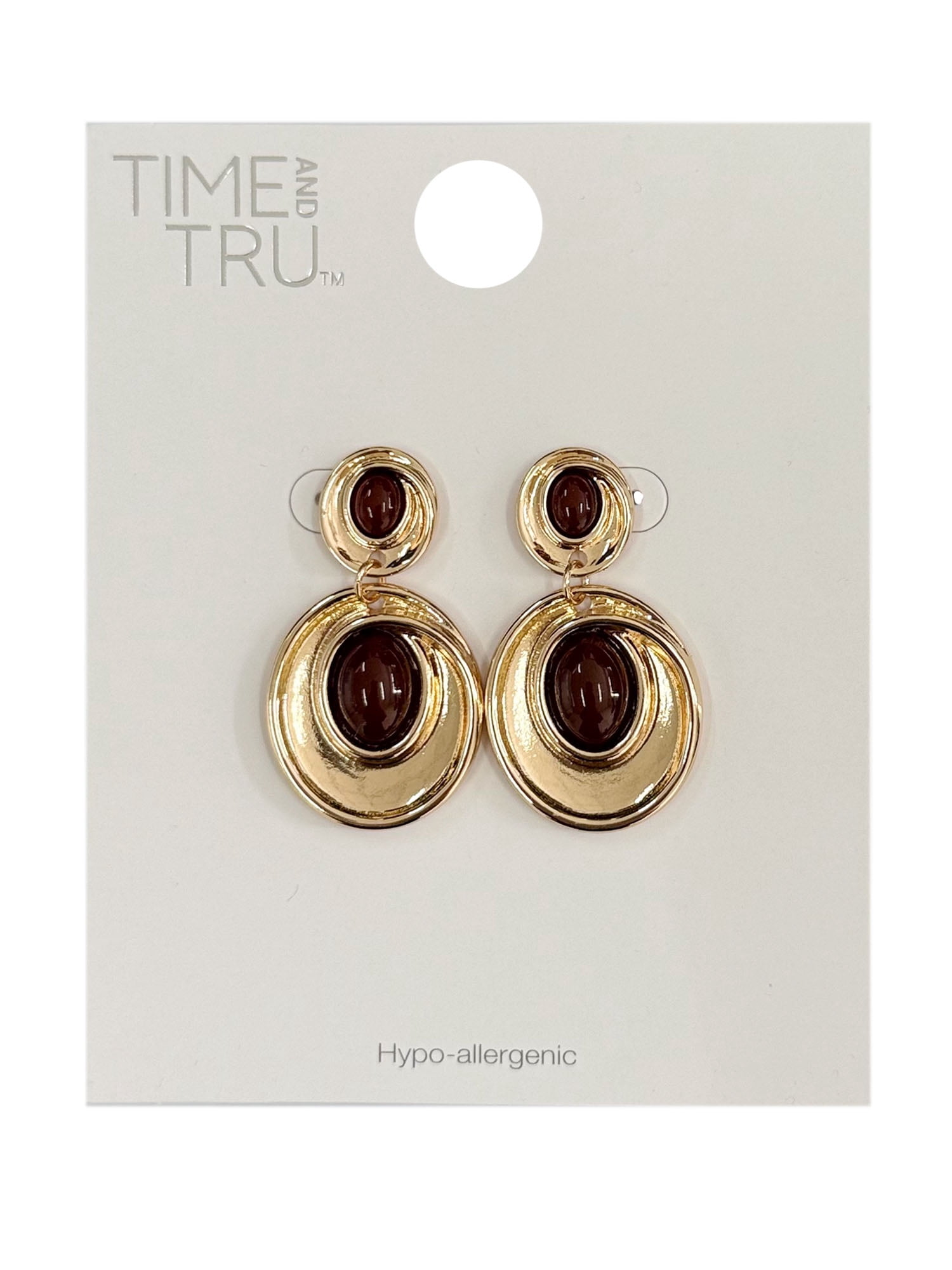 Time and Tru Double Circle Linear Earrings Gold Plated and Brown for Female Adults and Teens