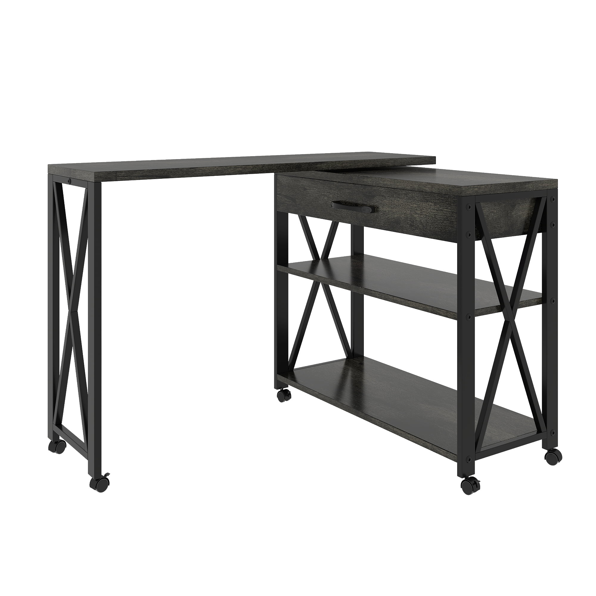 Uforic Rolling Computer Office Desk, Rotating Corner Writing Desk with Drawer and Shelves, Gray