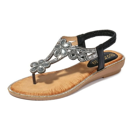 

Summer Shose 2022 Bohemia Summer Women Ladies Bling Flower Crystal Flat Sandals Beach Casual Shoes J3