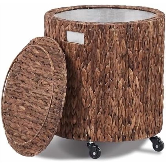 Vintage Storage Basket, Multipurpose Rolling Hamper With Brakable Wheels and Lid, Braid Laundry Bin, Handwave Clothes Toy Organizer Tote for Living Room