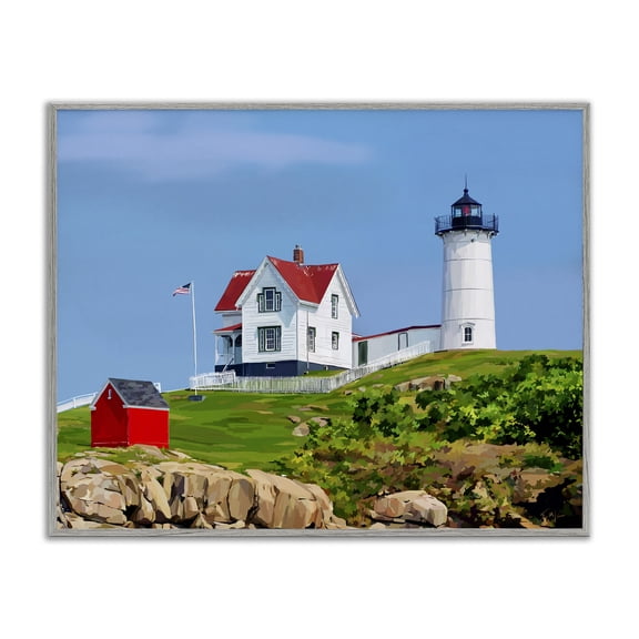 Stupell Industries Traditional Lighthouse On Hill Green Blue Gray Framed Giclee Art, 20 x 16, by Emily Kalina