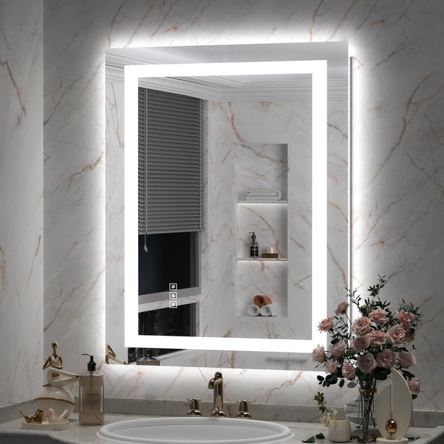 LED Mirror for Bathroom x Backlit + Front Lighted Bathroom Mirror with Lights HighDensity Double Light Strips Colors ShatterProof Fog and Brightness Memory
