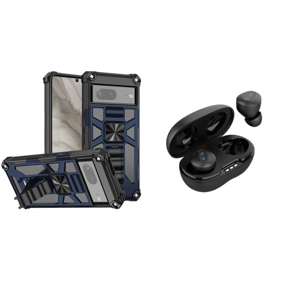 BEMZ Heavy Duty Armor Rugged Magnetic Mount Stand Case (Dark Navy Blue) with Noise-Cancelling Wireless Earbuds with Charging Case for Google Pixel 7a