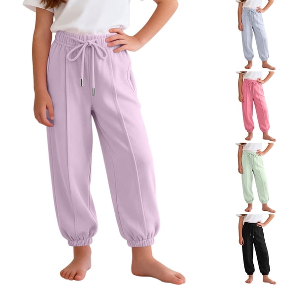 BXJX Girls Jogger Sweatpants Size 8, Elastic Waist Comfortable Drawstring Casual Kids Pants with Pockets Purple