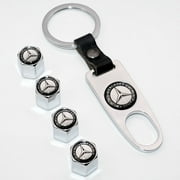 US85 Mercedes-Benz Logo Emblem Auto Car Wheel Tire Air Valve Caps   Wrench Keychain Metal Stem Dust Cover Accessories Decoration Birthday Gift (Silver Chrome)