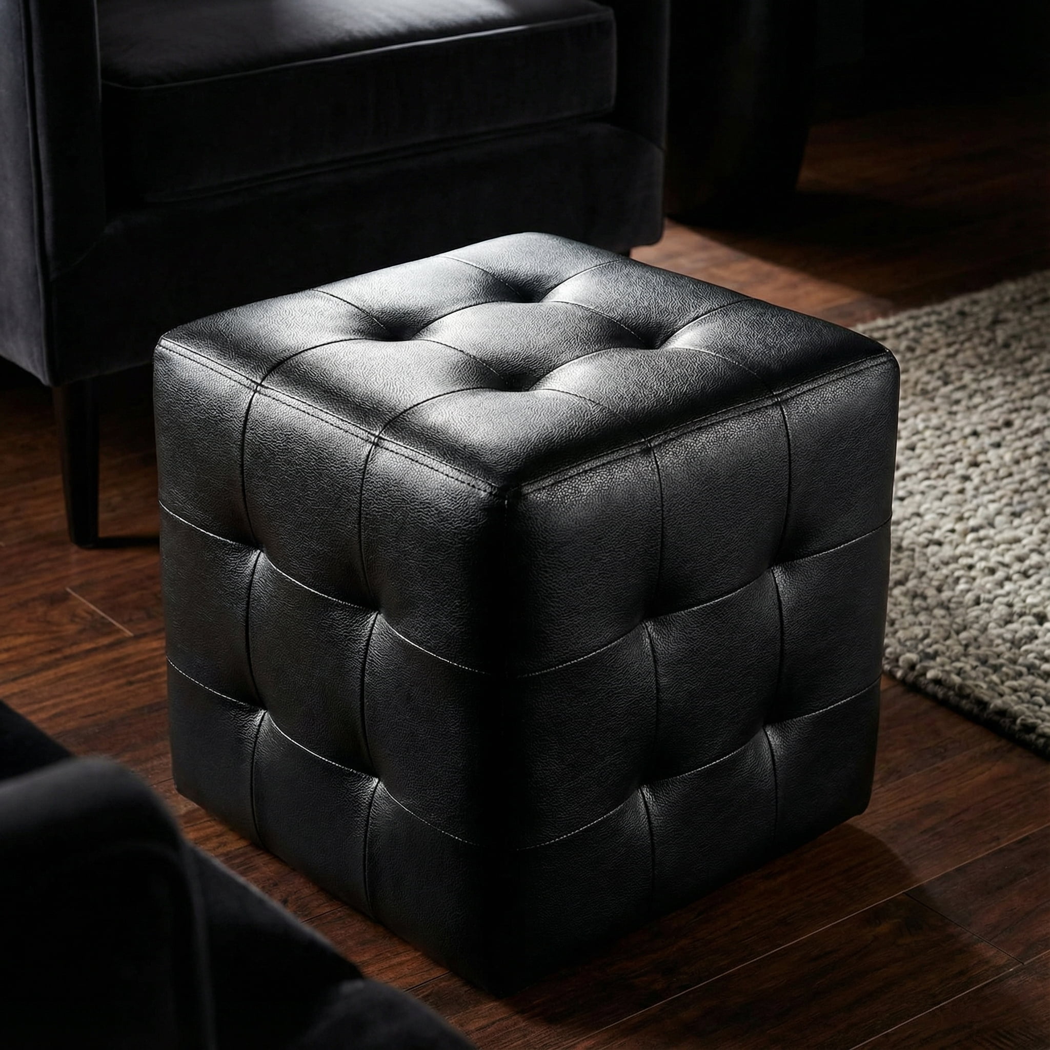 Cortesi Home Braque Black Tufted Cube Ottoman in Leather like Vinyl
