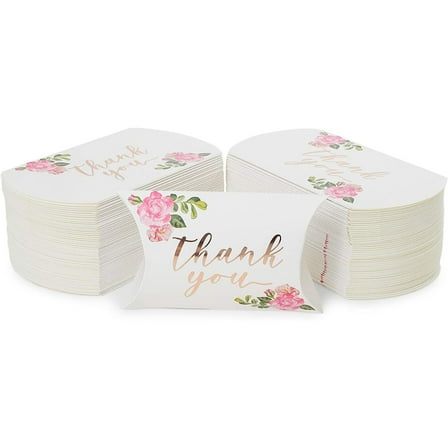 Wedding Pillow Boxes, Rose Gold Foil Thank You Party Favors (5.15 x 1.35 In, 100 Pack)