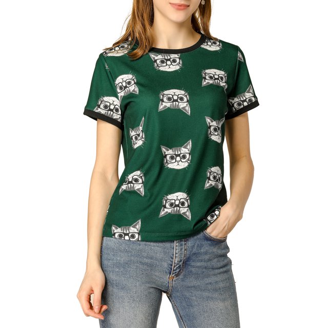 INSPIRE CHIC Women's Short Sleeve Contrast Cartoon Cat Pet Print Tee Ringer T-shirt Tops