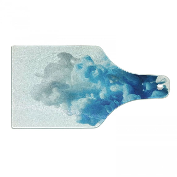 Abstract Cutting Board, Abstract Illustration Clouds Skyline Smoke Mixed Liquid Flow Movement Art Print, Tempered Glass Cutting and Serving Board, Wine Bottle Shape, Blue White, by Ambesonne