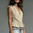 thumbnail image 6 of HongQid Women's Tie-Shoulder Ruffle Peplum Blouse Summer Sleeveless V Neck Linen Blend Tank Tops, 6 of 6