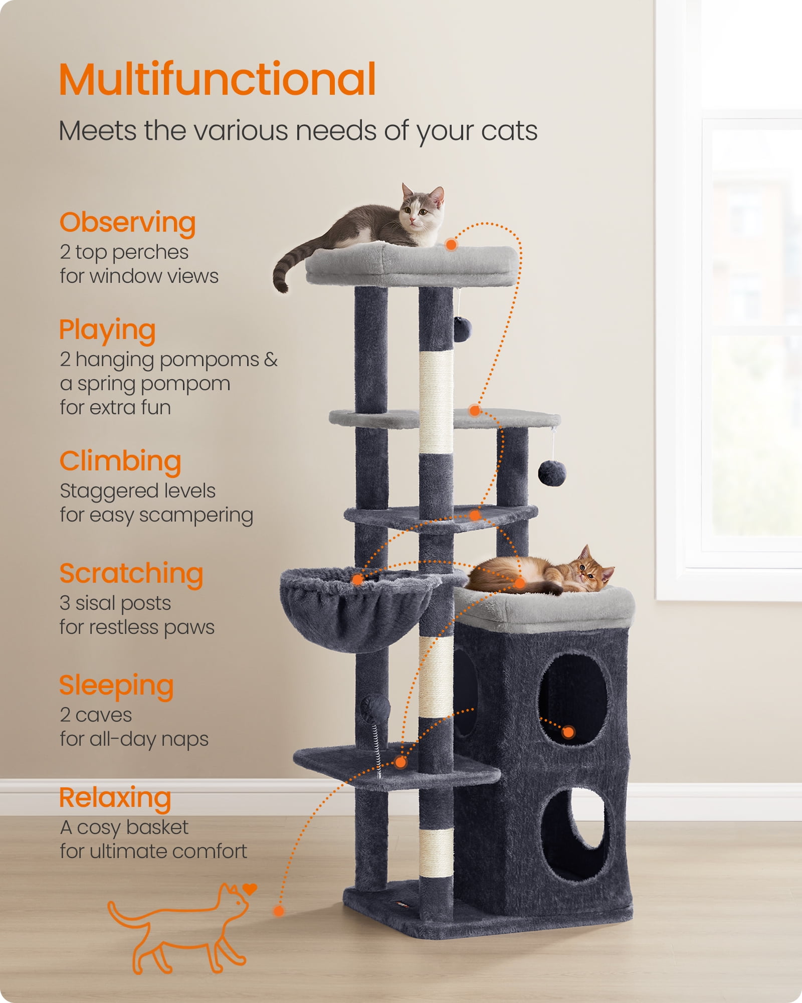 Tall Cat Tree, Multiple-Level Cat Tower with 2 Caves, 3 Scratching Posts, Dark Gray