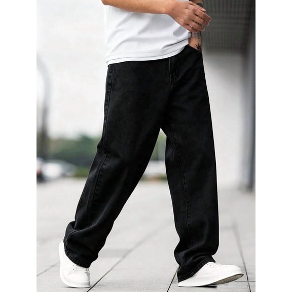 Men Loose Fit Baggy Jeans Washed Straight Leg Wide Leg Slant Pocket Denim Pants Streetwear
