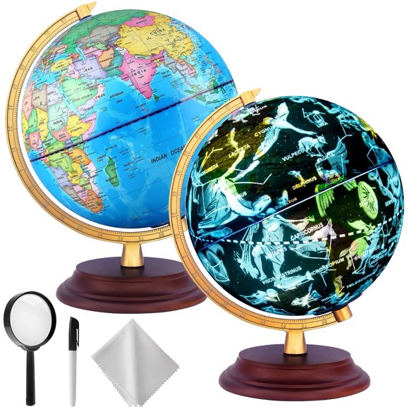 HHHC Globe du Monde Illuminé pour Enfants avec Support en Bois 7 en 1 - Vue de Nuit Carte des Étoiles Constellation Globe avec Monde Coloré Détaillé, Ampoule DEL Intégrée, Cadeau Éducatif, 8 Pouces