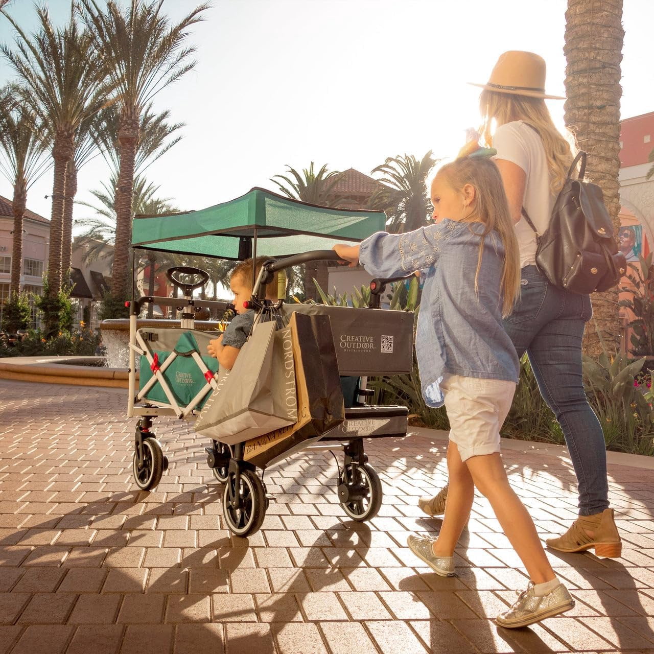 Creative Outdoor Push Pull Wagon Stroller with Canopy Folding Wagon for Kids, Black/Gray