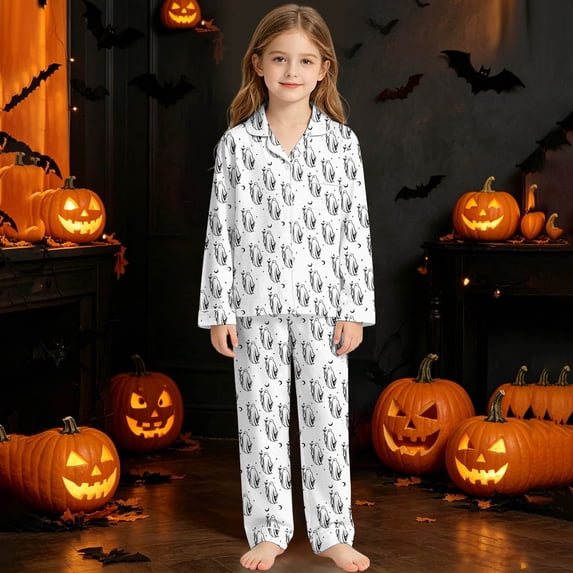 CUZIBR Girls Outfits Cartoon Print Lapel Collar Long Sleeve Blouse Pants Halloween Graphic Sleepwear Cozy Home Pajama Sleepwear Outfit Comfortable Nightwear Clothes Sets,8-White,3-4 Years