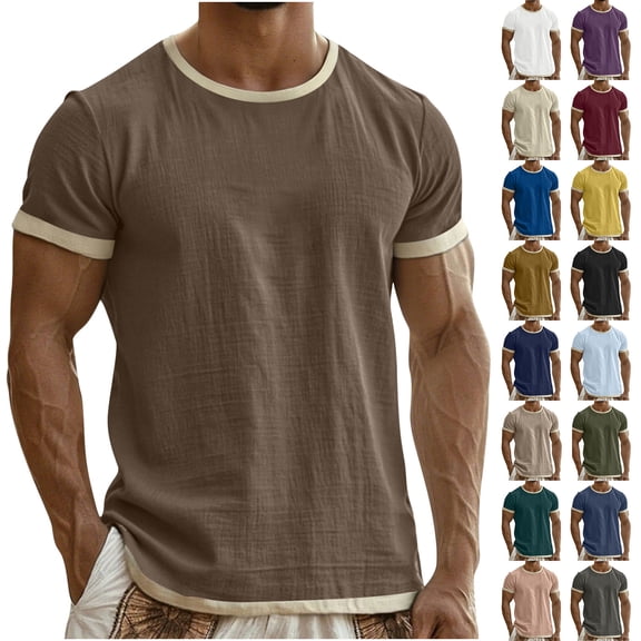Qingpeng Men's T Shirt Cotton Linen Short Sleeve Blouses Crew Neck Soft Breathable Classic Tshirts Color 18 ,Size S-3XL