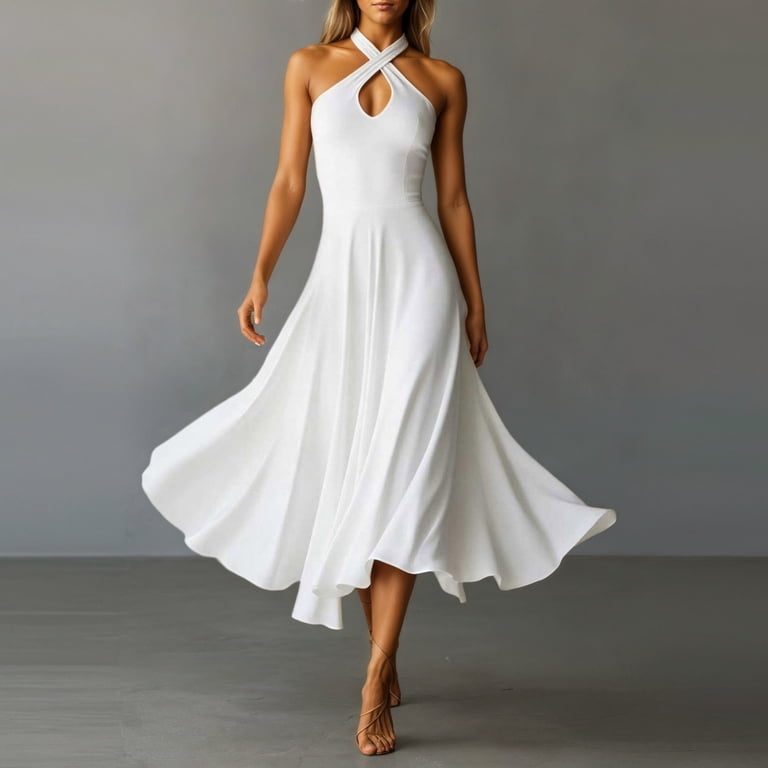 Y-sunset Women's Halter Neck Keyhole Midi Dress, Sleeveless Flowy A-Line Long Dress for Formal Events, Weddings, Parties & Casual Summer Wear(White/XL
