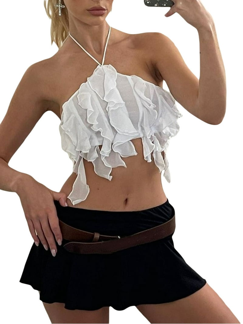 トップス SHELLER 3D flower ruffle tops Chic 3d Flower Lace-up Spaghetti Strap Cropped Tops For