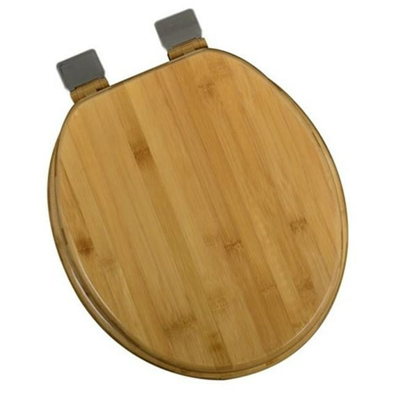 Decorative Wood Round Front Toilet Seat with Brushed Nickel Hinges, Rattan Bamboo
