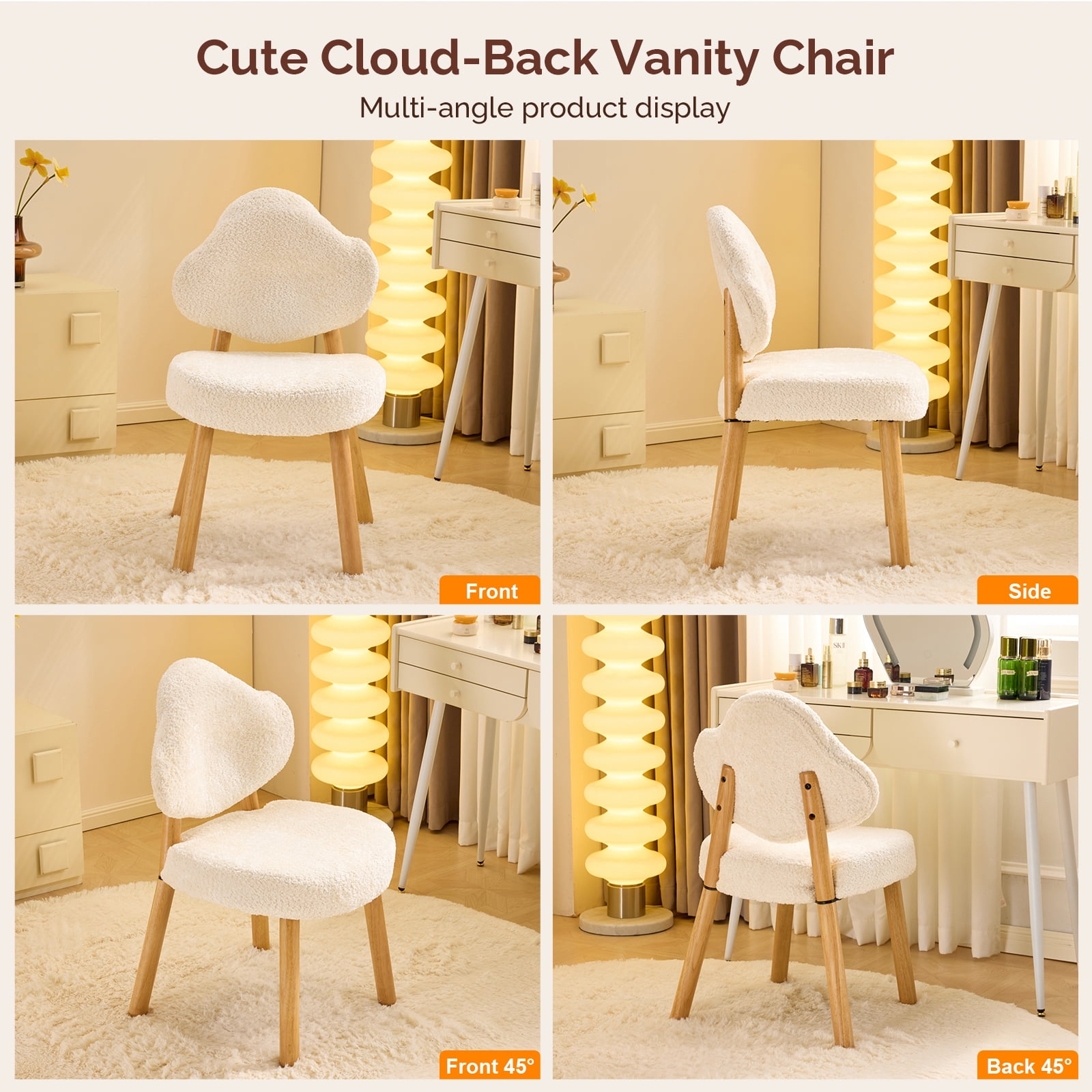 Ktaxon Blended Chenille Armless Vanity Chair Cloud Backrest Desk Chair, Rubber Wood Makeup Chair for Bedroom Living Room Office Reading Room Beige