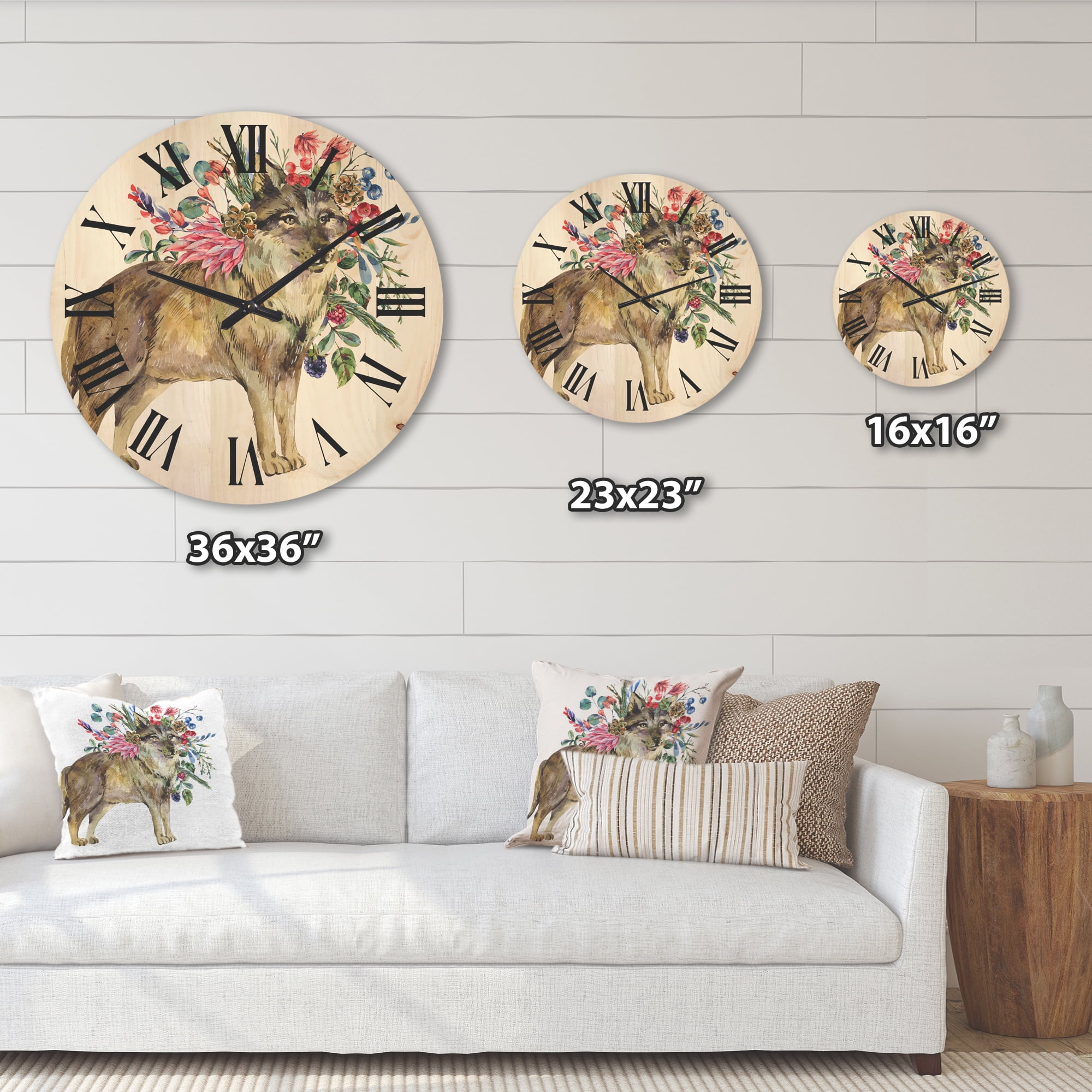 Designart 'Wolf With Woodland Flowers On White' Farmhouse Wood Wall Clock