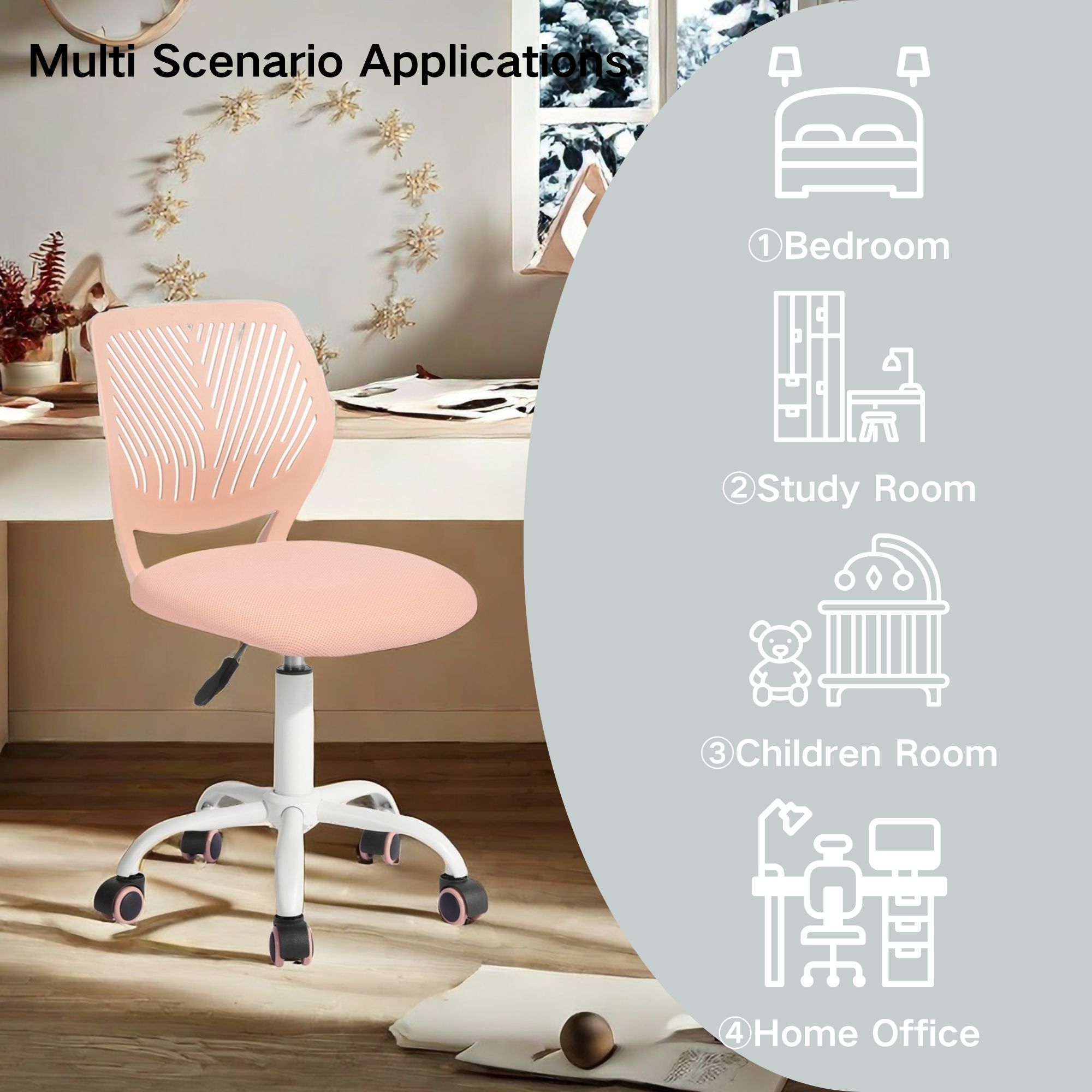 Ergonomic Home Office Desk Chair with Adjustable Height, Rolling Base, and Breathable Backrest, Rose