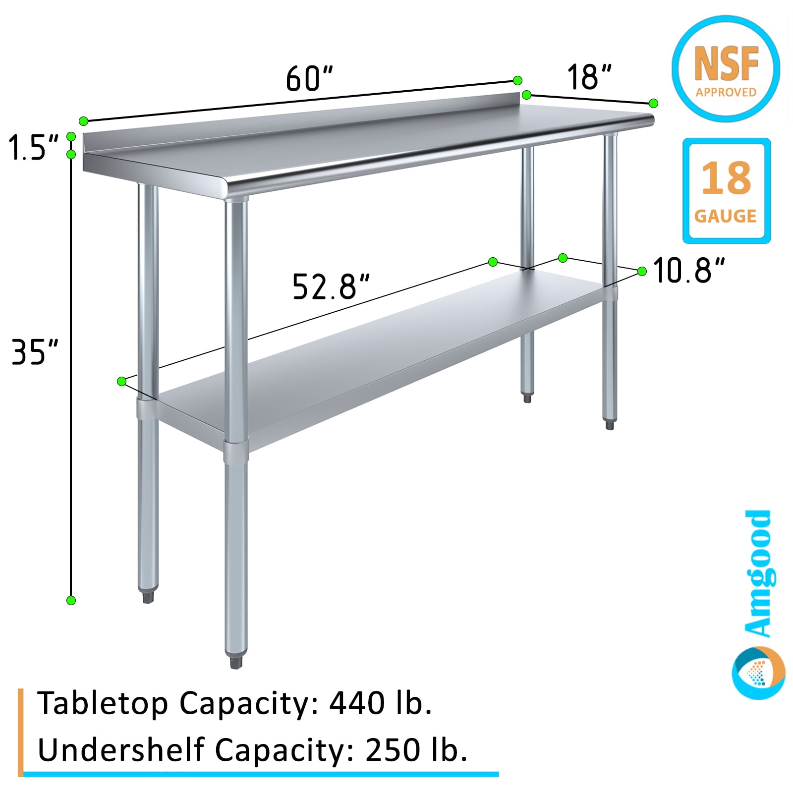 AmGood 18 in. x 60 in. Stainless Steel Work Table with 1.5 in. Backsplash | Metal Kitchen Food Prep Table
