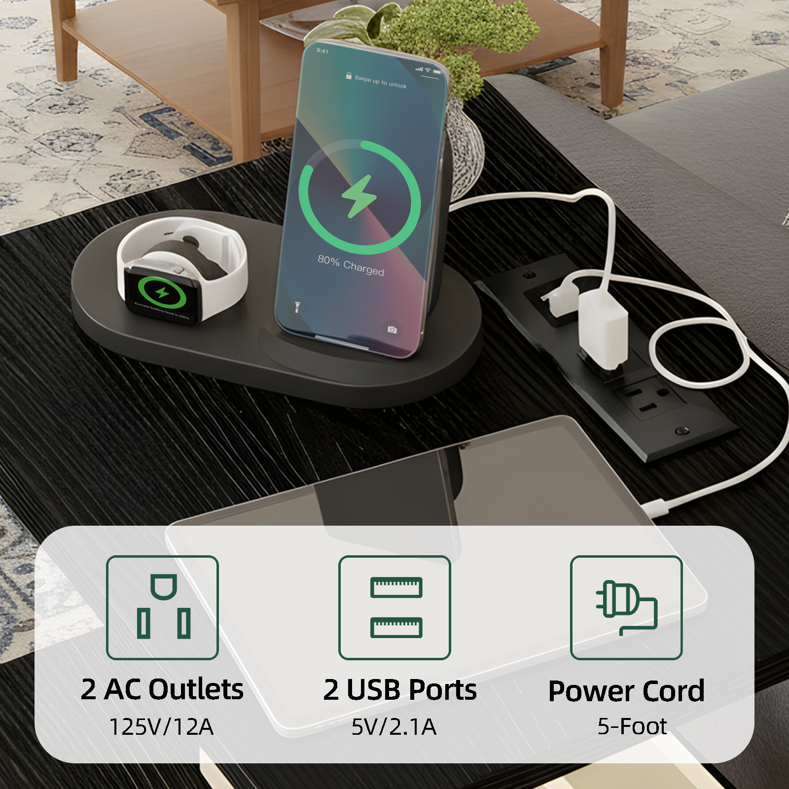 Tomnk LED Nightstand with Charging Station, Black photo 2