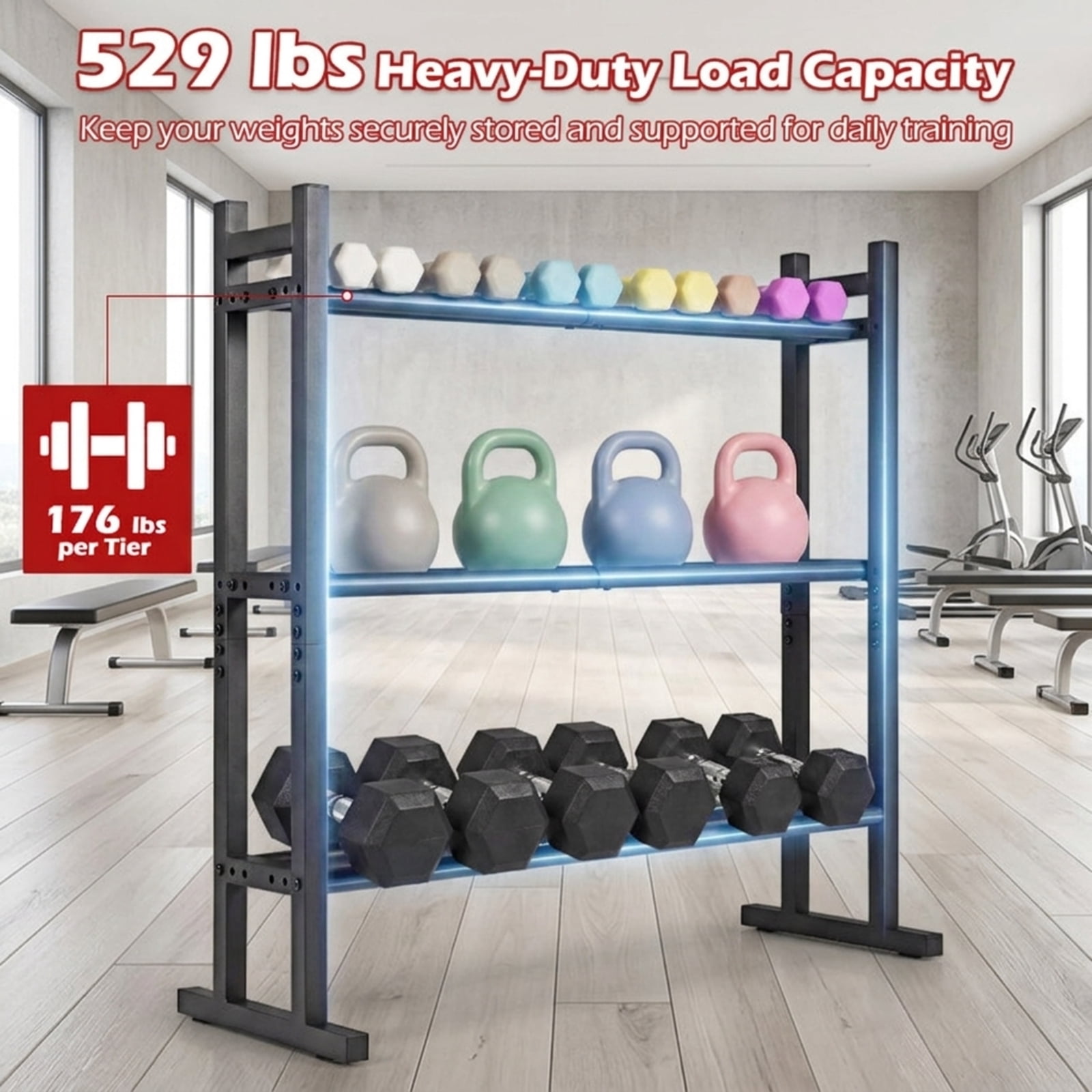 Airfind 3 Tier Dumbbell Rack Heavy Duty Weight Storage Stand with 529 lb Capacity and Adjustable Bar Spacing for Home Gym and Garage, Black