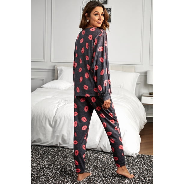 ABPHQTO Conjunto de pantalones jogger con estampado de besos de labios rojos de San Valentín para mujer