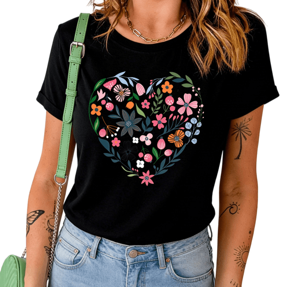 UNISHE Women's Boho Floral Heart Graphic Short Sleeve T-Shirt Casual Cotton Crewneck Summer Top
