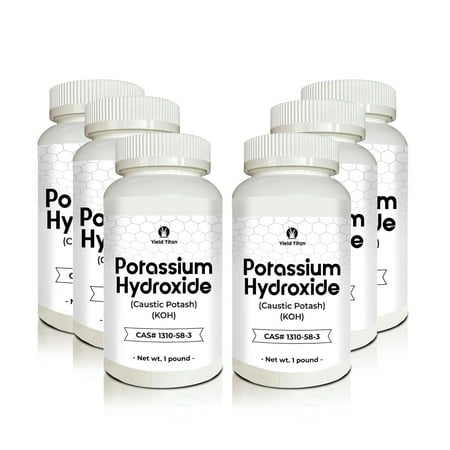 Yield Titan High Purity Potassium Hydroxide (Caustic Potash) KOH - Used in Cleaning Products, Pharmaceuticals (6 Bottles)