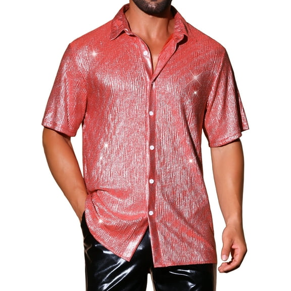 INSPIRE CHIC Men's Short Sleeve Button Disco Party Shining Metallic Shirts M Red Silver