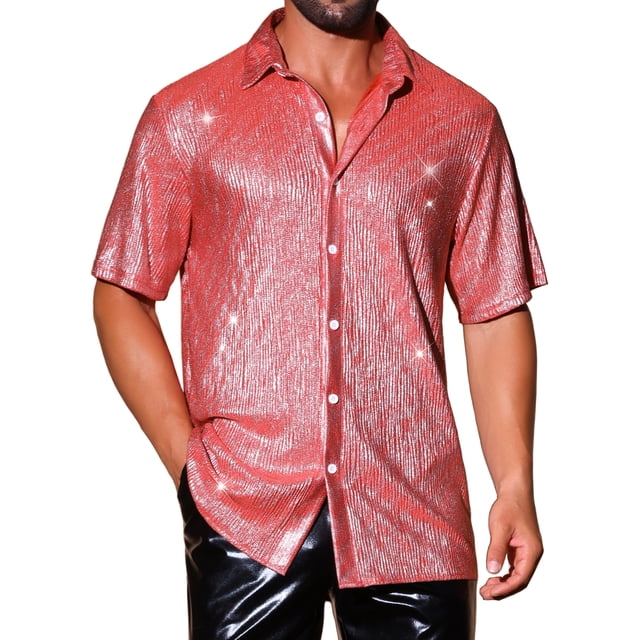CAMISAS METÁLICAS BRILLANTES DE MANGA CORTA PARA HOMBRES INSPIRE CHIC M ROJO PLATA