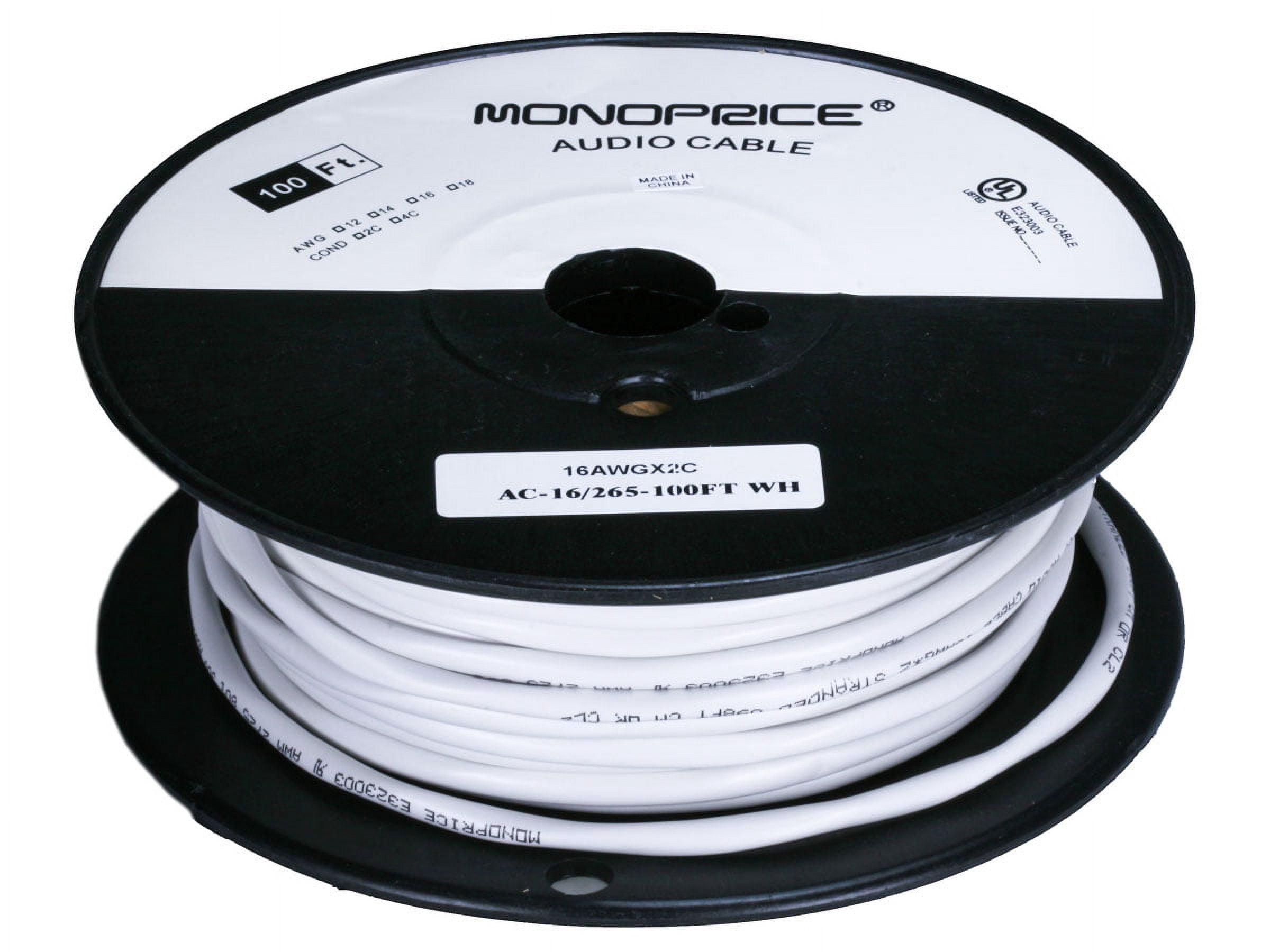 Monoprice Speaker Wire, CL2 Rated, 2-Conductor, 16AWG, 100ft, White