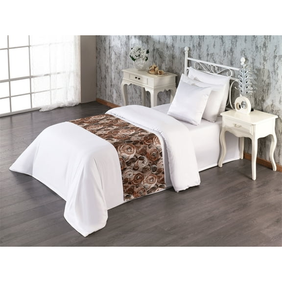 Vintage Roses Bed Runner, Retro Feels Blooming Flowers Pattern with Autumnal Leaves Print, Decorative Accent Bedding Scarf for Hotels Homes & Guest Rooms, Twin, Warm Taupe and Chocolate, by Ambesonne