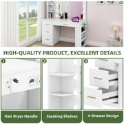 Uforic Makeup Vanity Desk with Mirror & Lights, Vanity Desk with 4 Drawers & Storage Shelves - White