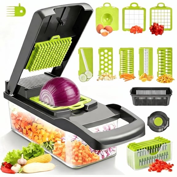 10-in-1 Vegetable Chopper Mandoline Slicer, 8 Blade Food Cutter with Colander Basket & Storage Case